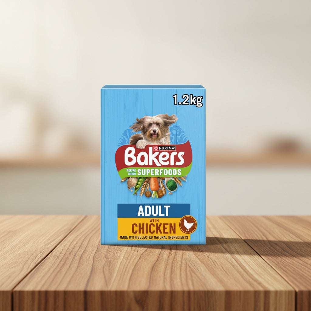 Purina Bakers dog food package with a blue background and a dog on it.