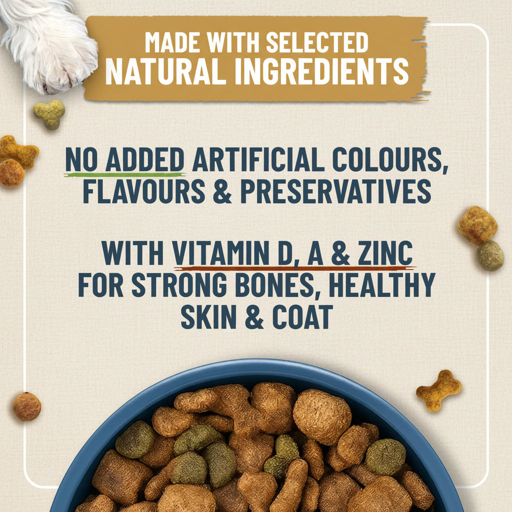 Dog food bowl with pet food and a label about natural ingredients and health benefits on a wooden background.