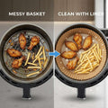 A split comparison showing the inside of an air fryer basket with food. The left side is labeled 'MESSY BASKET' and shows chicken wings and french fries on the basket rack with residue.