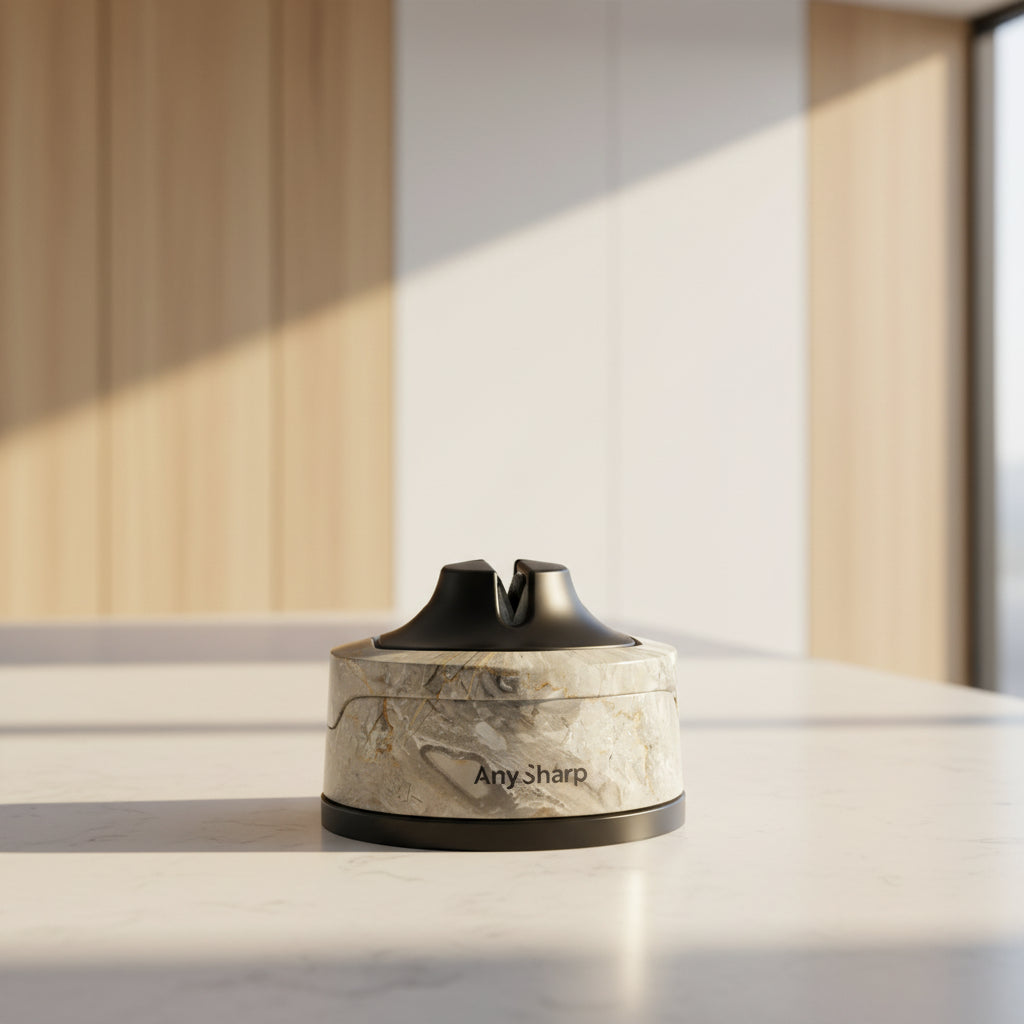 Marble-patterned sharpener with black top on a white background