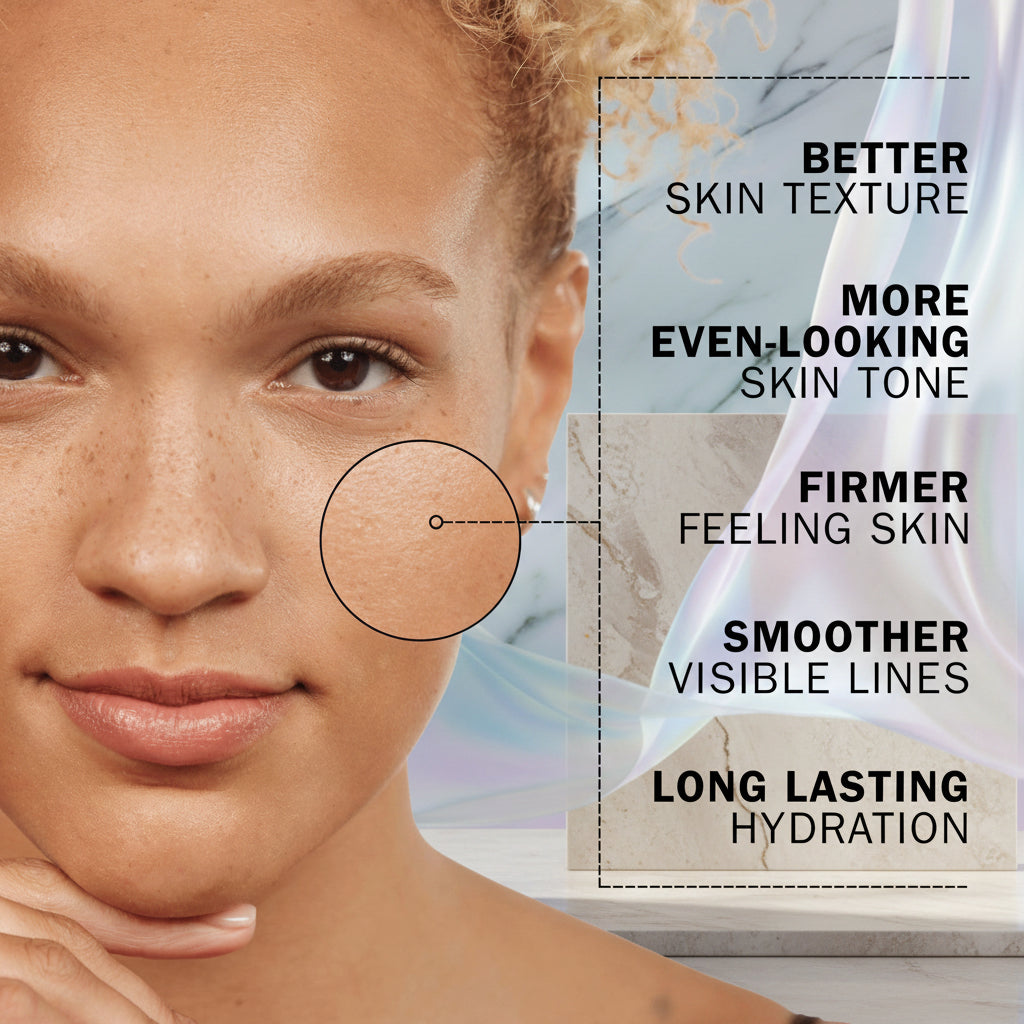 Woman's face with text highlighting skin improvement benefits
