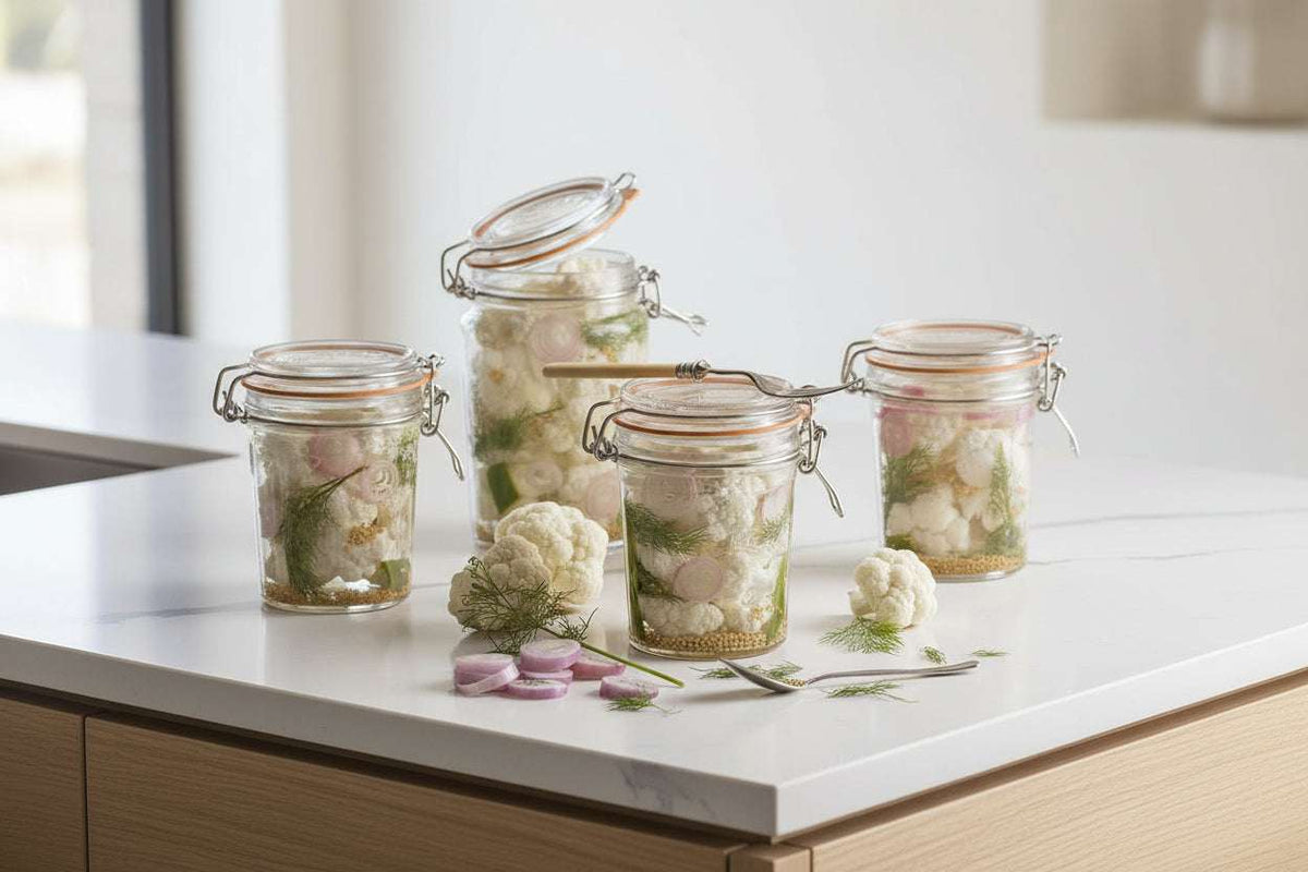 Jars of pickled vegetables on a wooden surface with a dark background