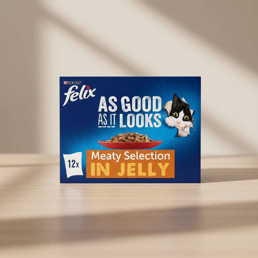 Felix cat food packaging with a cat illustration and text on a blue background