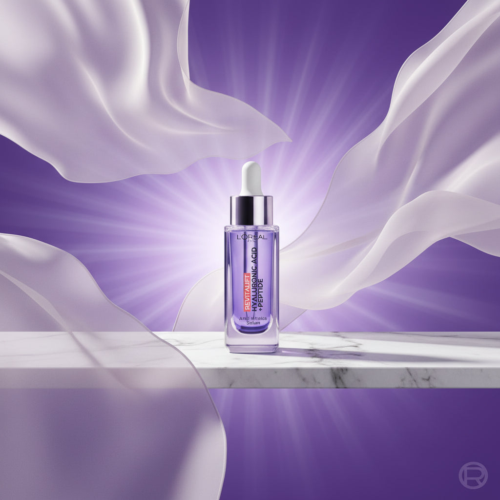 L'Oréal Paris Revitalift Anti-Ageing Serum in a clear glass bottle with a white dropper cap, set against a purple gradient background with promotional text.