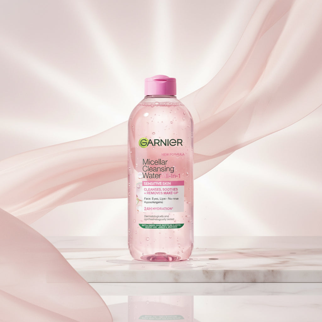 Garnier Micellar Cleansing Water bottle with pink cap on a pink background