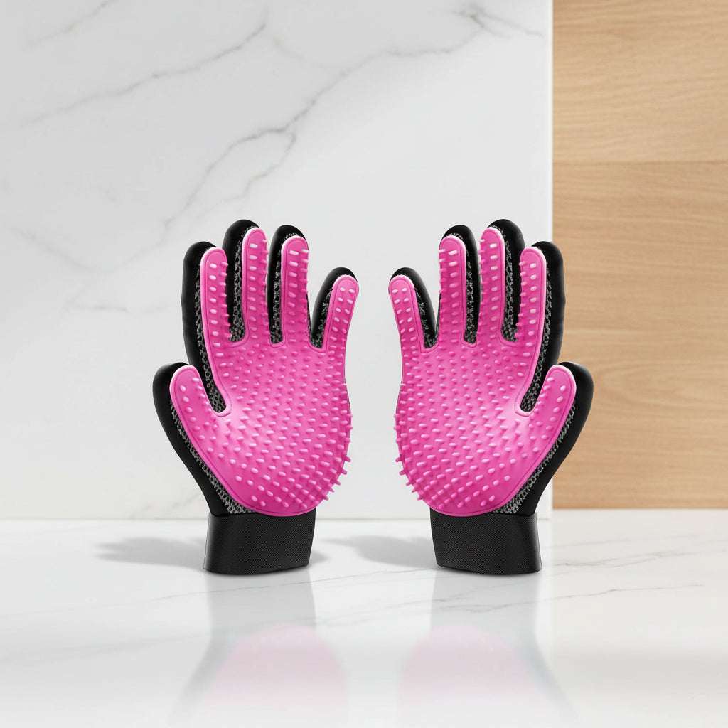 A pair of pet grooming gloves with bright pink silicone palm sides featuring soft bristles and black textured finger and wrist sections, shown on a white background.