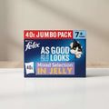 Purina Felix cat joint supplement packaging for a 40x jumbo pack, featuring a blue background with a red banner at the top, white text, and a cartoon black-and-white cat peeking out from the right side.