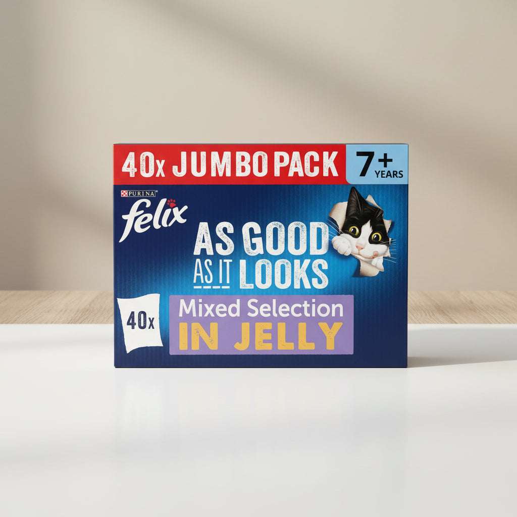 Purina Felix cat joint supplement packaging for a 40x jumbo pack, featuring a blue background with a red banner at the top, white text, and a cartoon black-and-white cat peeking out from the right side.