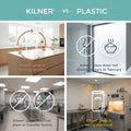 A comparison infographic titled 'KILNER -VS- PLASTIC' showing four colored panels with icons and text about Kilner glass advantages: recyclability, odor absorption, staining/transfer resistance, and sterilization.