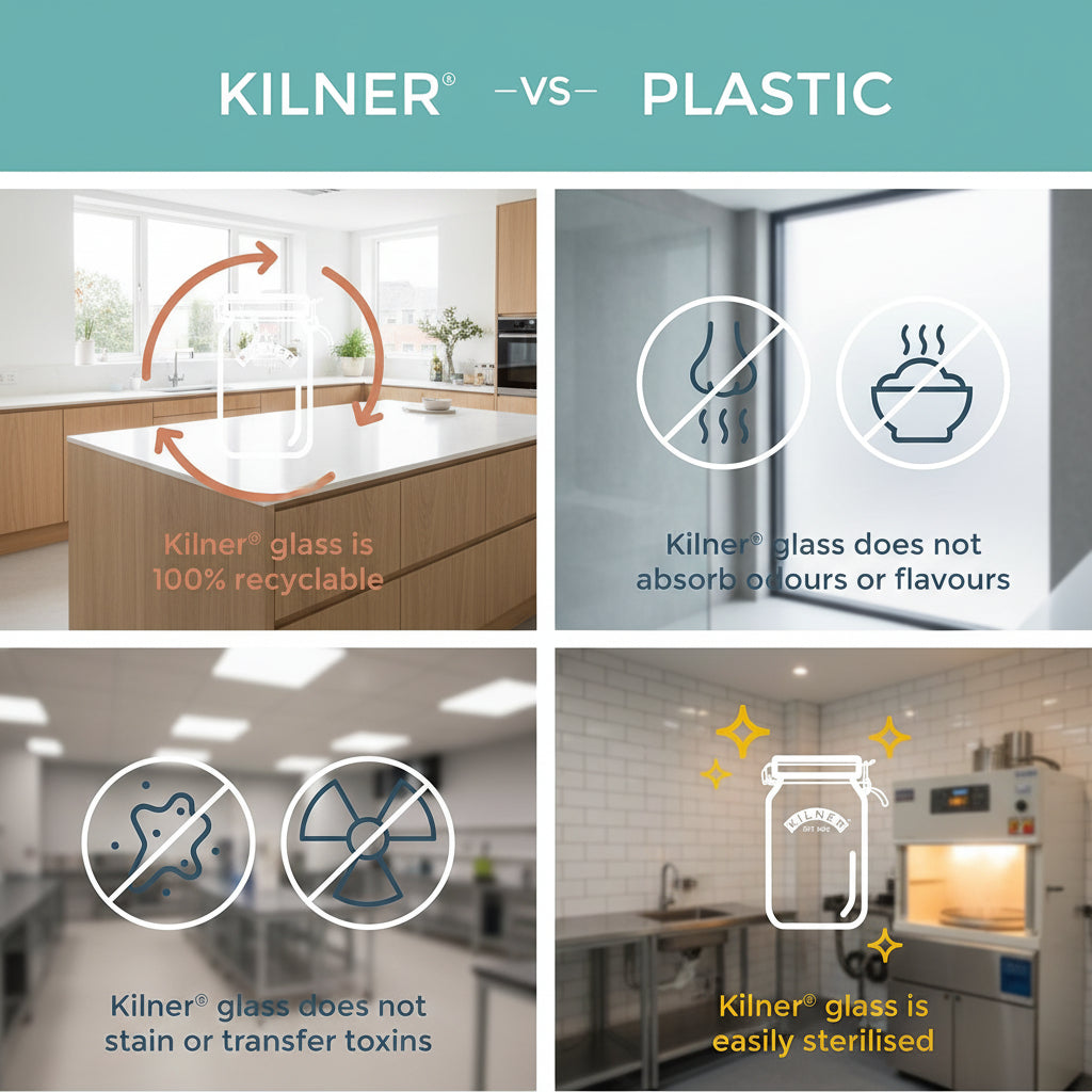 A comparison infographic titled 'KILNER -VS- PLASTIC' showing four colored panels with icons and text about Kilner glass advantages: recyclability, odor absorption, staining/transfer resistance, and sterilization.