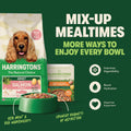 Harringtons dog food packaging with a bowl of food on a green background