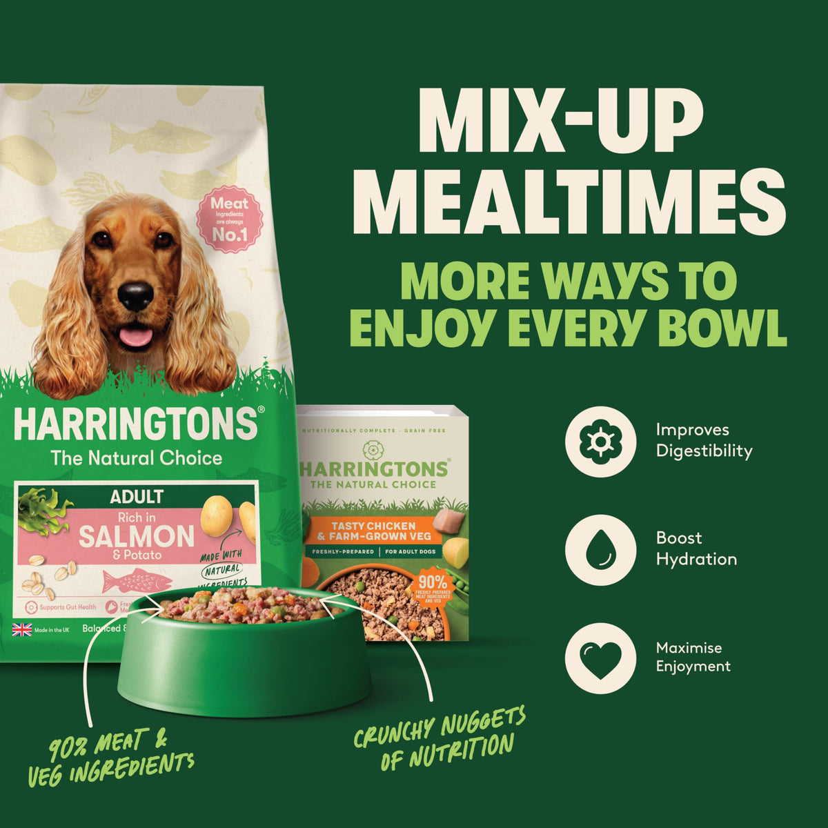 Harringtons dog food packaging with a bowl of food on a green background