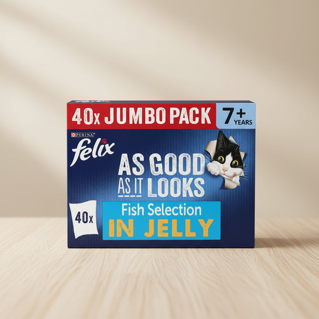 Purina Felix fish selection jelly in a 40x jumbo pack box for cats 7+ years, featuring a blue background with a red banner and a cartoon cat peeking through a torn hole.
