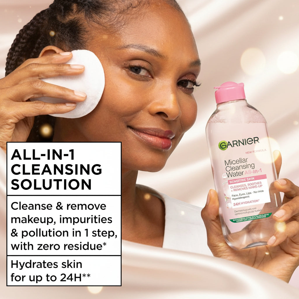 Woman using a white pad on her face with a bottle of Garnier Micellar Cleansing Water in front of a pink background.