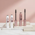 Maybelline High Sky mascara bottles on a pink background with text indicating steps for use.