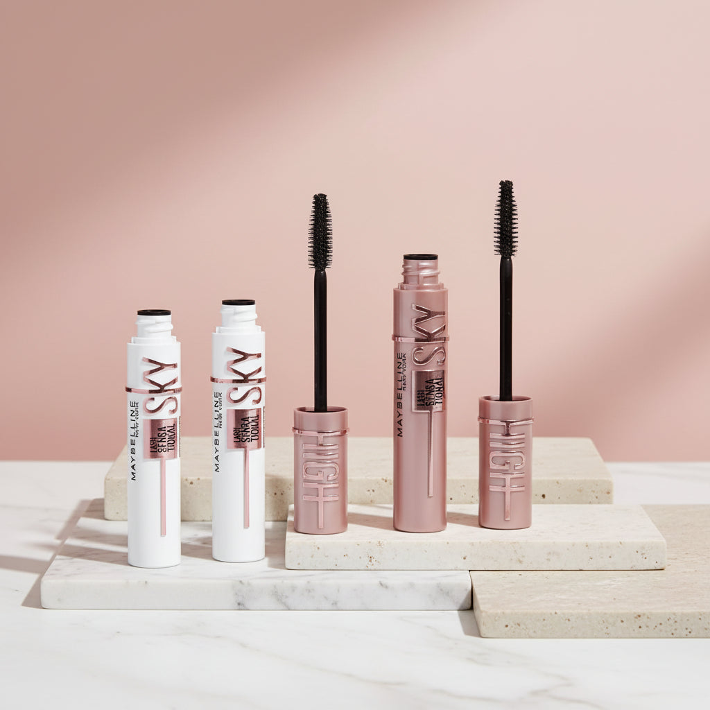 Maybelline High Sky mascara bottles on a pink background with text indicating steps for use.