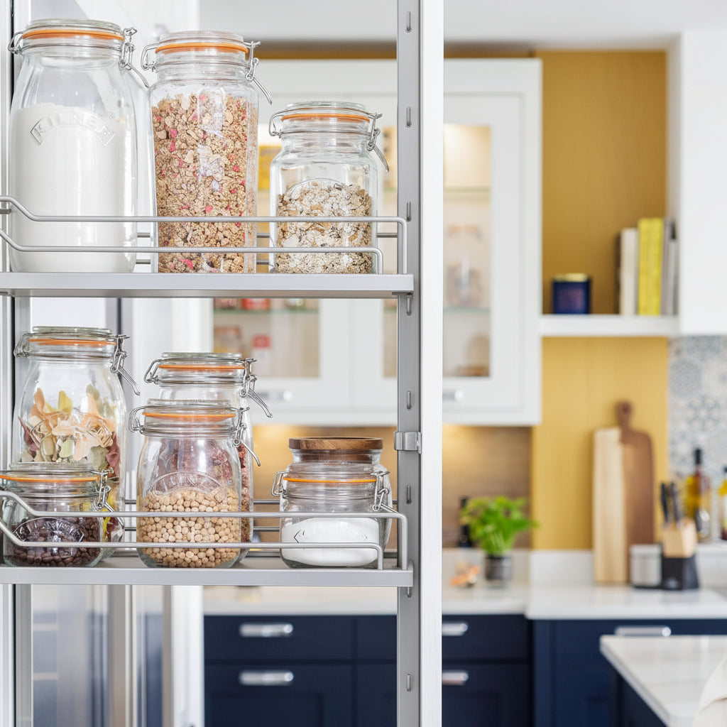 Kitchen shelving unit with glass jars storing dried food, labeled 'Store Style Create'.