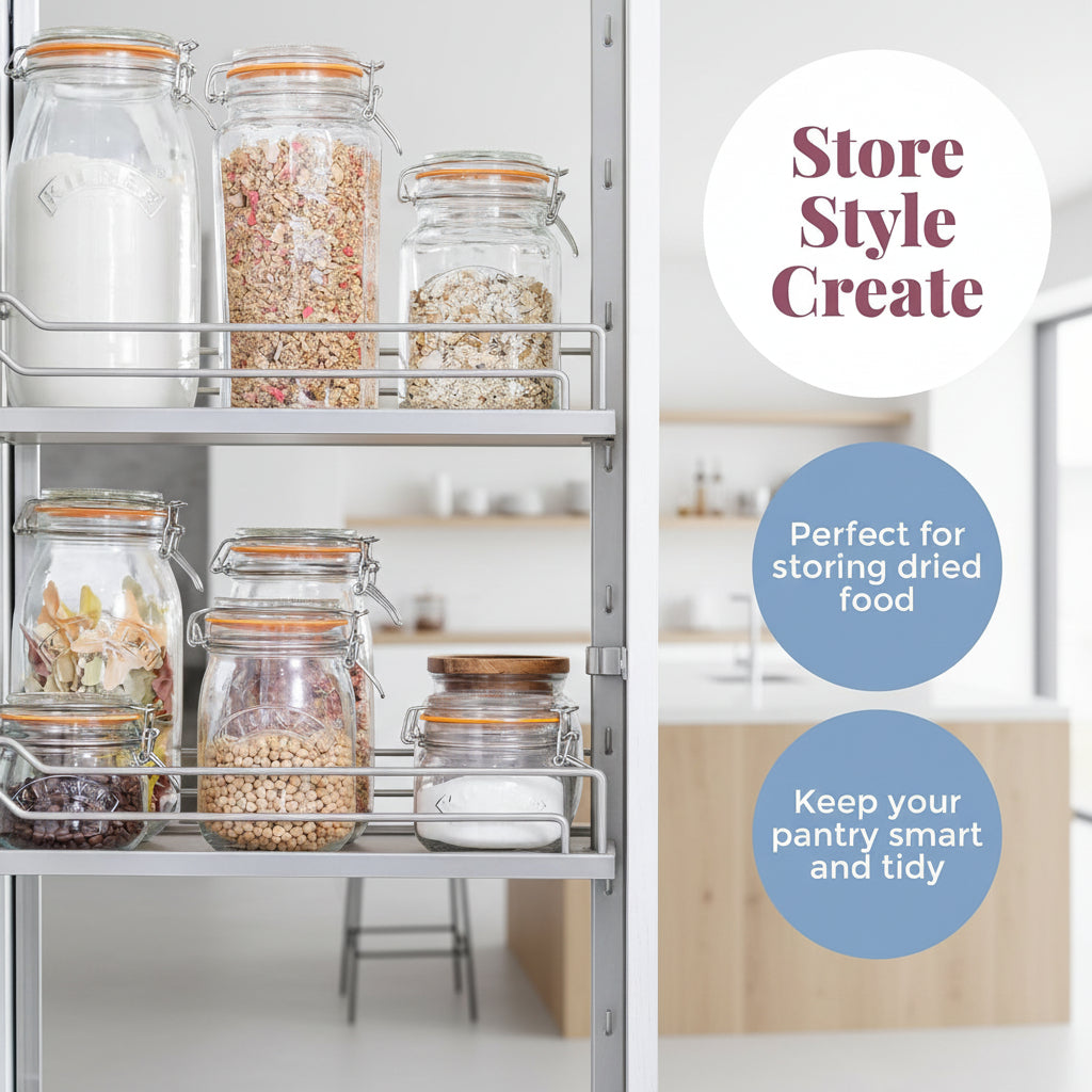 Kitchen shelving unit with glass jars storing dried food, labeled 'Store Style Create'.