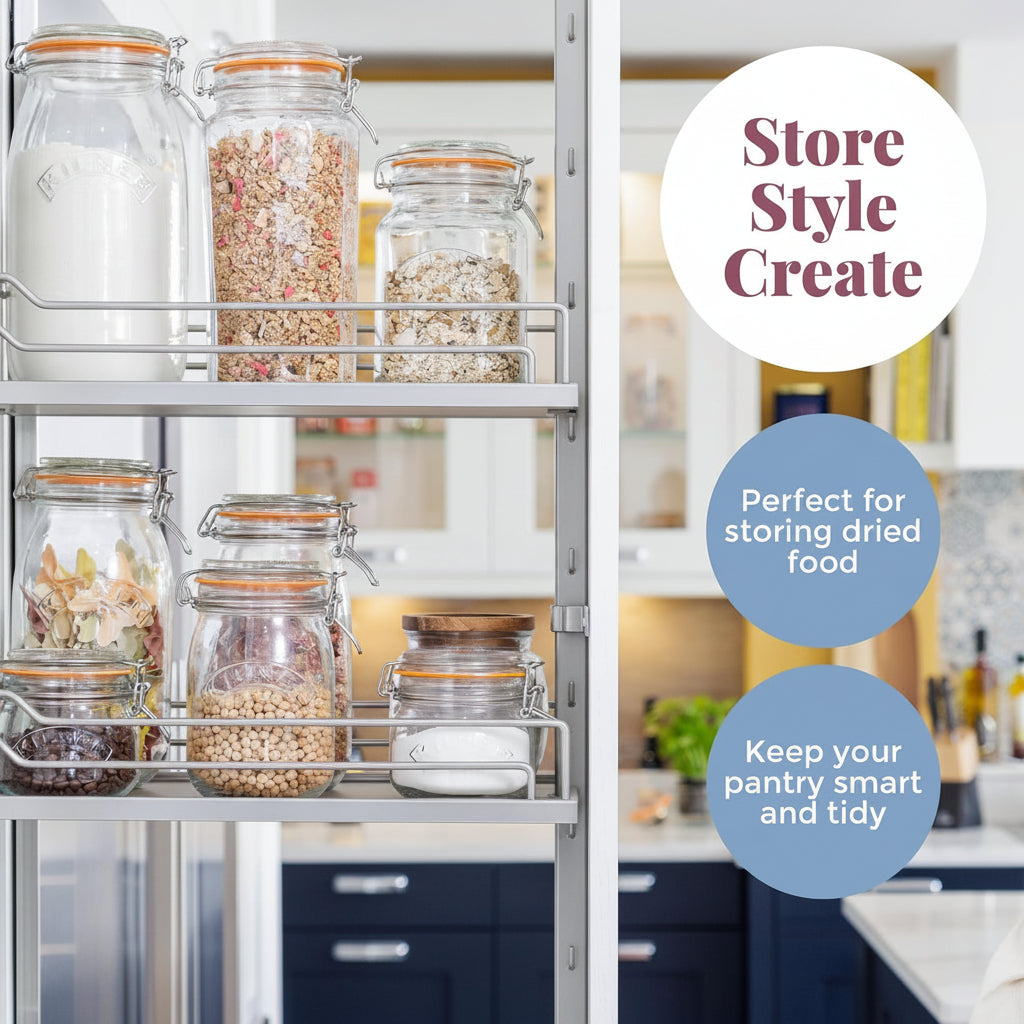 Kitchen shelving unit with glass jars storing dried food, labeled 'Store Style Create'.