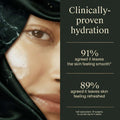 Close-up of a person's face with skincare product and text about hydration benefits.