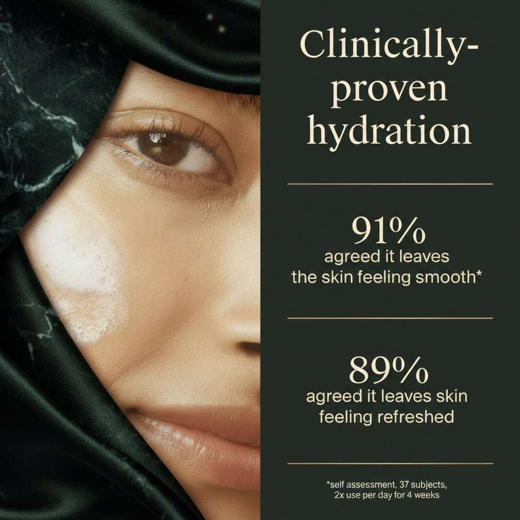 Close-up of a person's face with skincare product and text about hydration benefits.