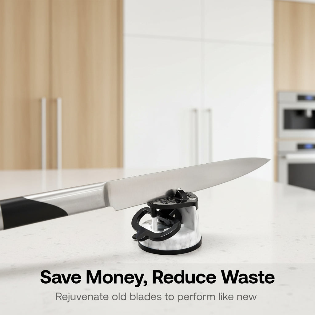 Knife sharpener on a kitchen counter with a knife and lemon slices in the background.