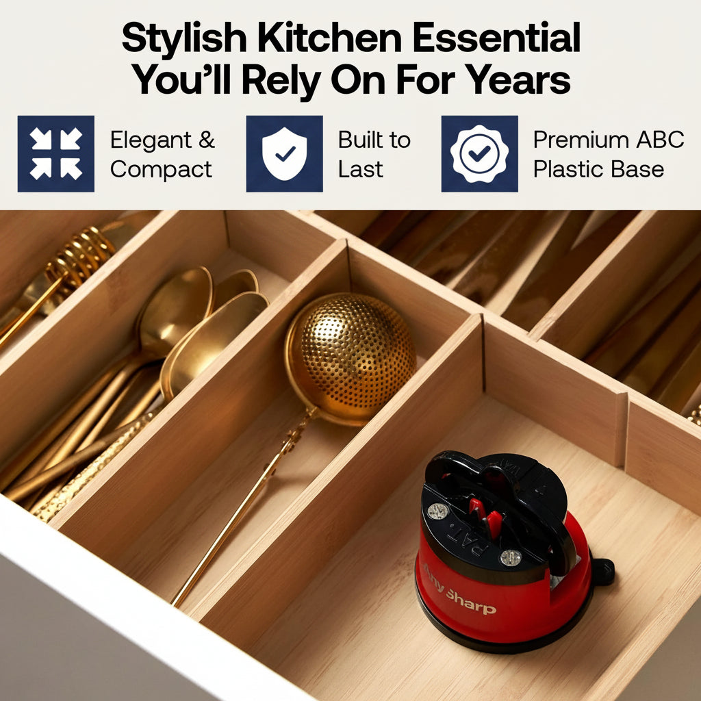 Red sharpie in a wooden drawer with gold utensils, labeled as a stylish kitchen essential.
