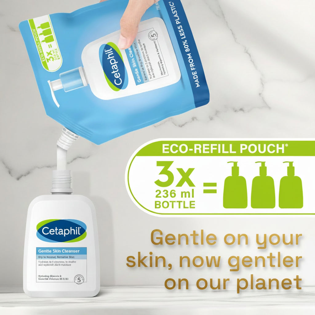 Cetaphil eco-refill pouch and bottle with text on a tiled wall background