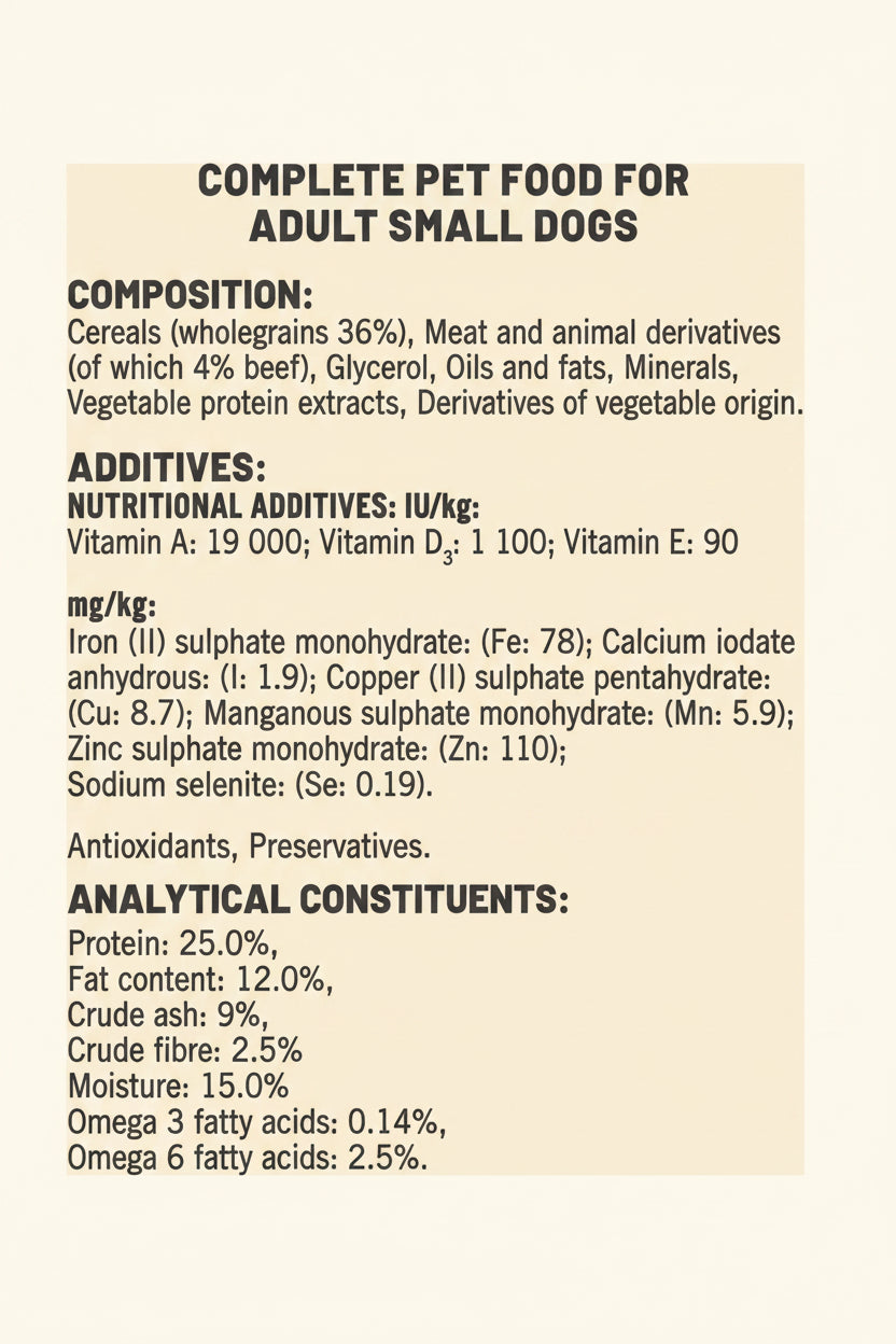 A close-up of a brown label showing complete pet food information for adult small dogs, including composition, additives, mg/kg values, and analytical constituents.