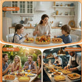 Collage of a family in a kitchen, people at a party, and chefs in a restaurant kitchen with food.