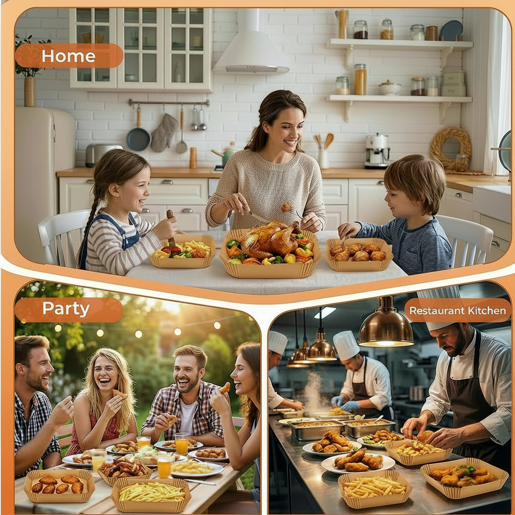 Collage of a family in a kitchen, people at a party, and chefs in a restaurant kitchen with food.