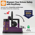 AnySharp knife sharpener with text highlighting features on a light gray background