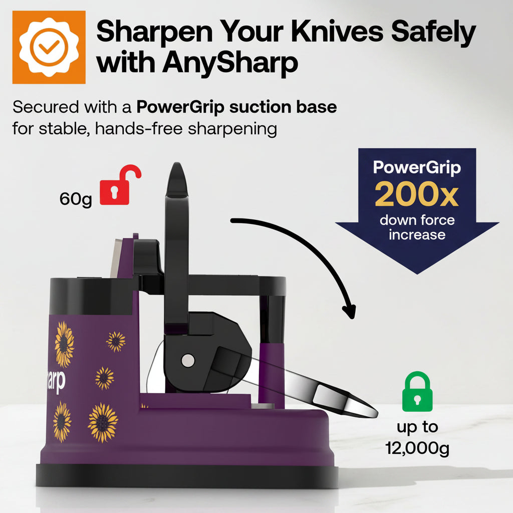 AnySharp knife sharpener with text highlighting features on a light gray background