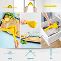 Collage of a yellow kitchen tool being used for juicing, cleaning, and storage.