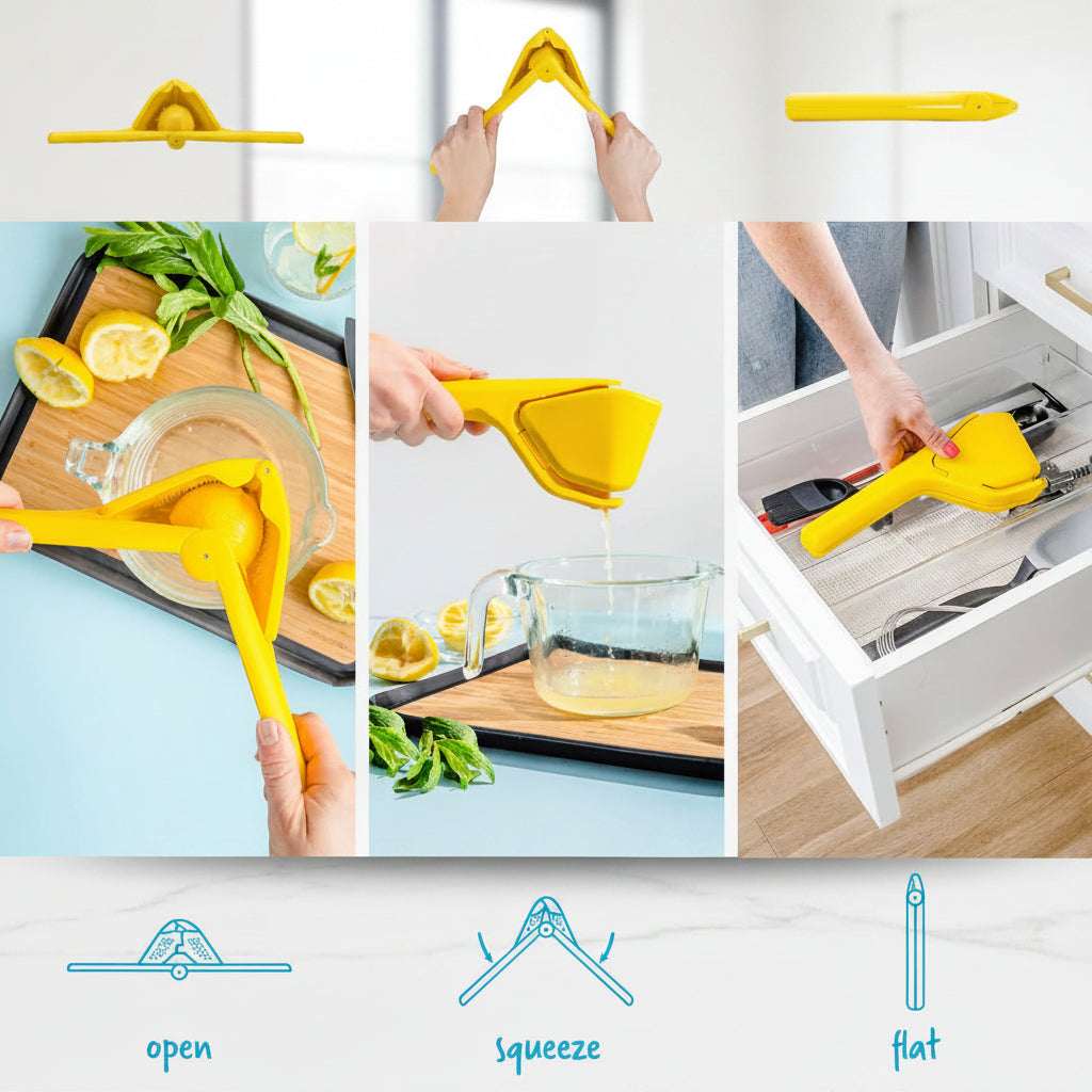 Collage of a yellow kitchen tool being used for juicing, cleaning, and storage.