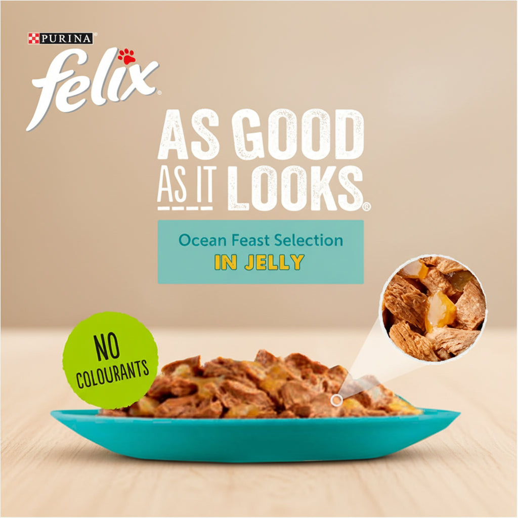Felix cat food advertisement with text 'As Good As It Looks' on a blue background