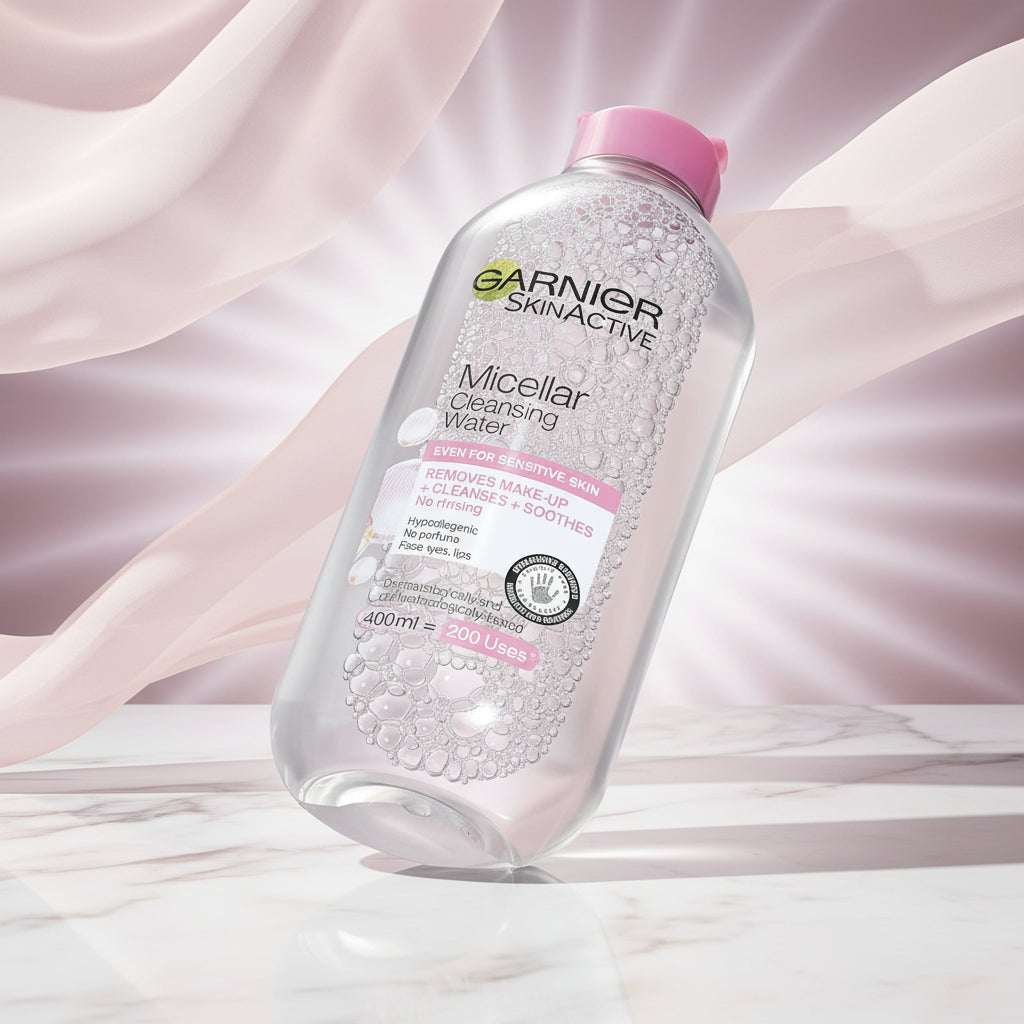 Garnier SkinActive Micellar Cleansing Water bottle on a pink water background