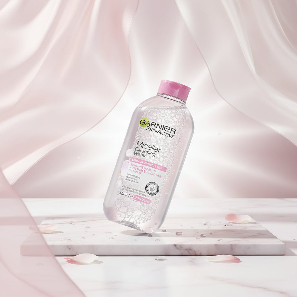 Garnier SkinActive Micellar Cleansing Water bottle on a pink water background