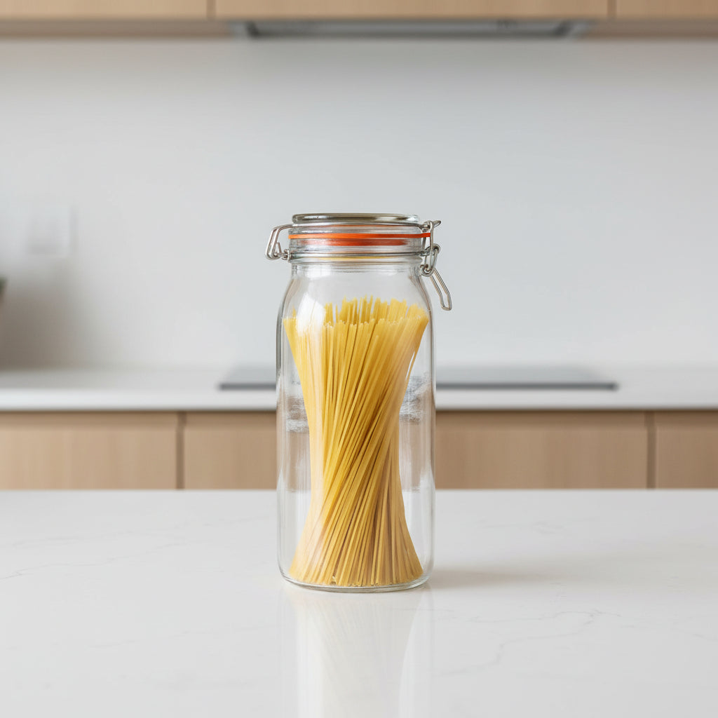 A Kilner 2.1 Litre Clip Top Jar filled with spaghetti, shown on a kitchen counter with other glass jars in the background.