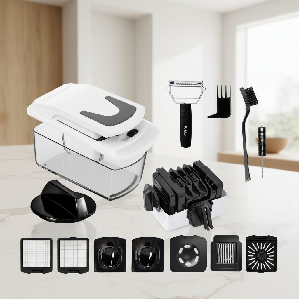 Meal prep tools including a 1.2L capacity catch tray, scraper, peeler, cleaning brush, finger guard, blade organizer, and interchangeable blades.