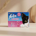 Purina Felix Kitten Mixed Selection in Jelly cat food box, 12 pack, featuring a black and white kitten illustration on a blue and pink background.