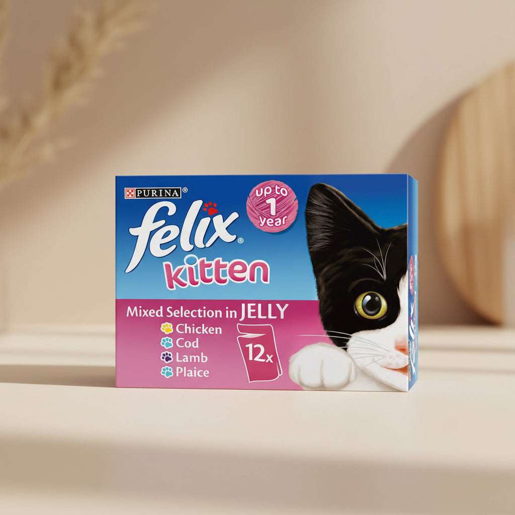 Purina Felix Kitten Mixed Selection in Jelly cat food box, 12 pack, featuring a black and white kitten illustration on a blue and pink background.