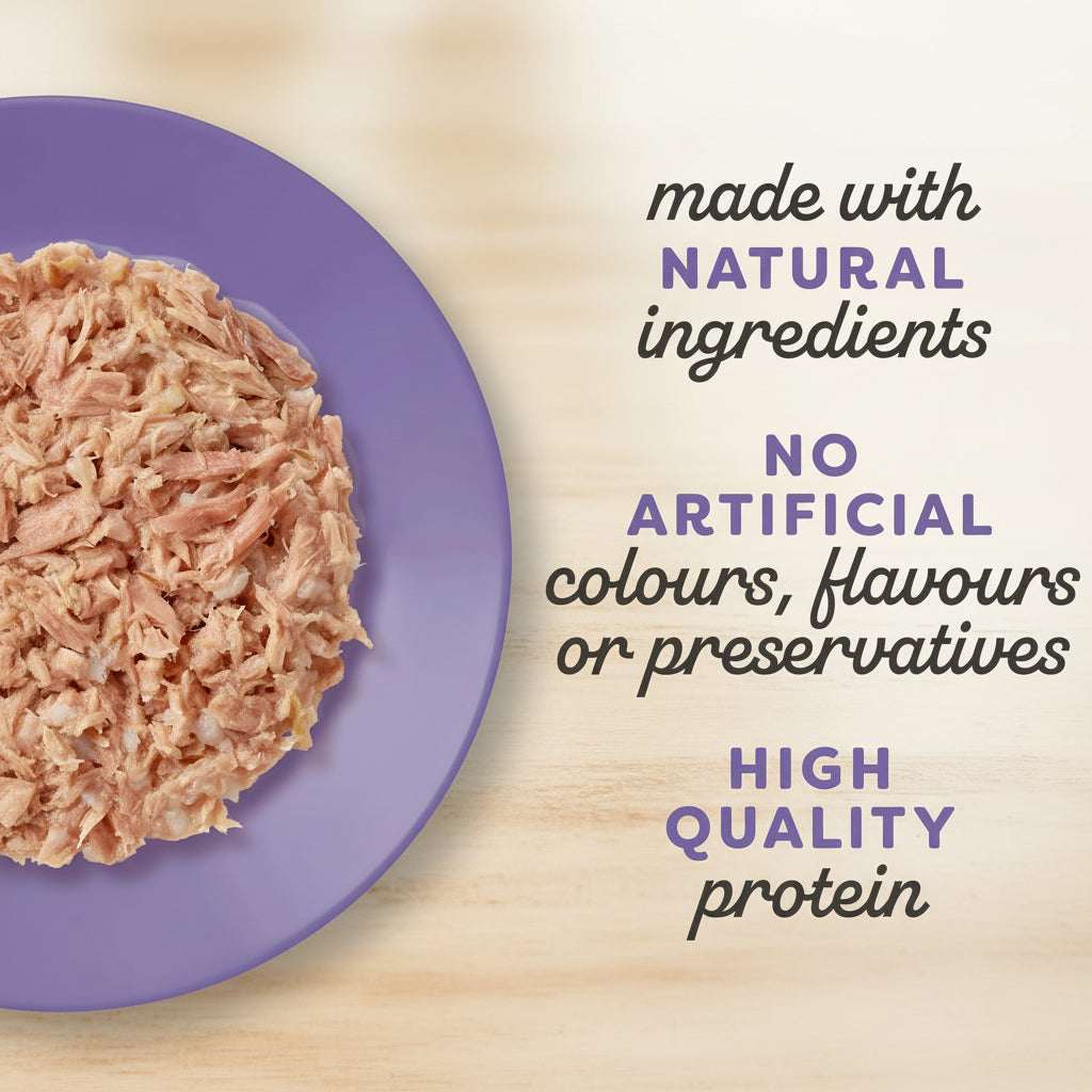Purple plate with shredded meat and text about natural ingredients and high quality protein.