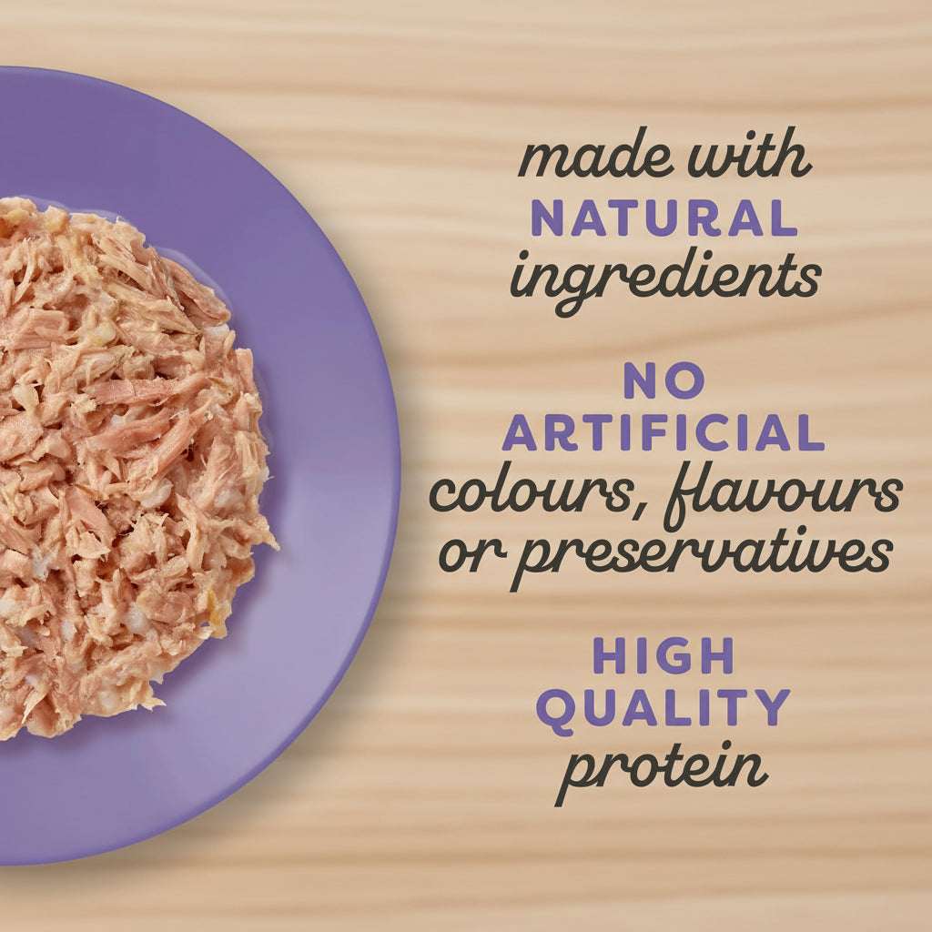 Purple plate with shredded meat and text about natural ingredients and high quality protein.
