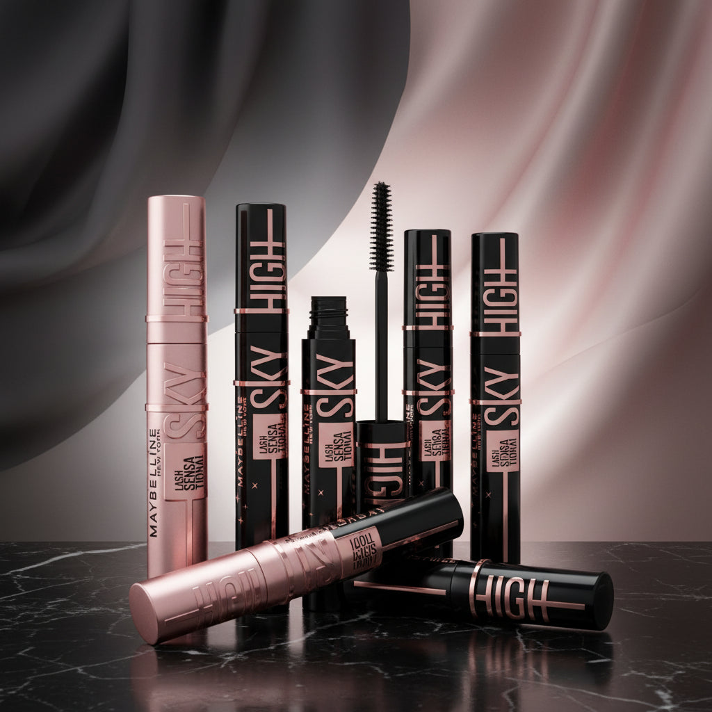 Maybelline Sky High mascara tubes on a starry background