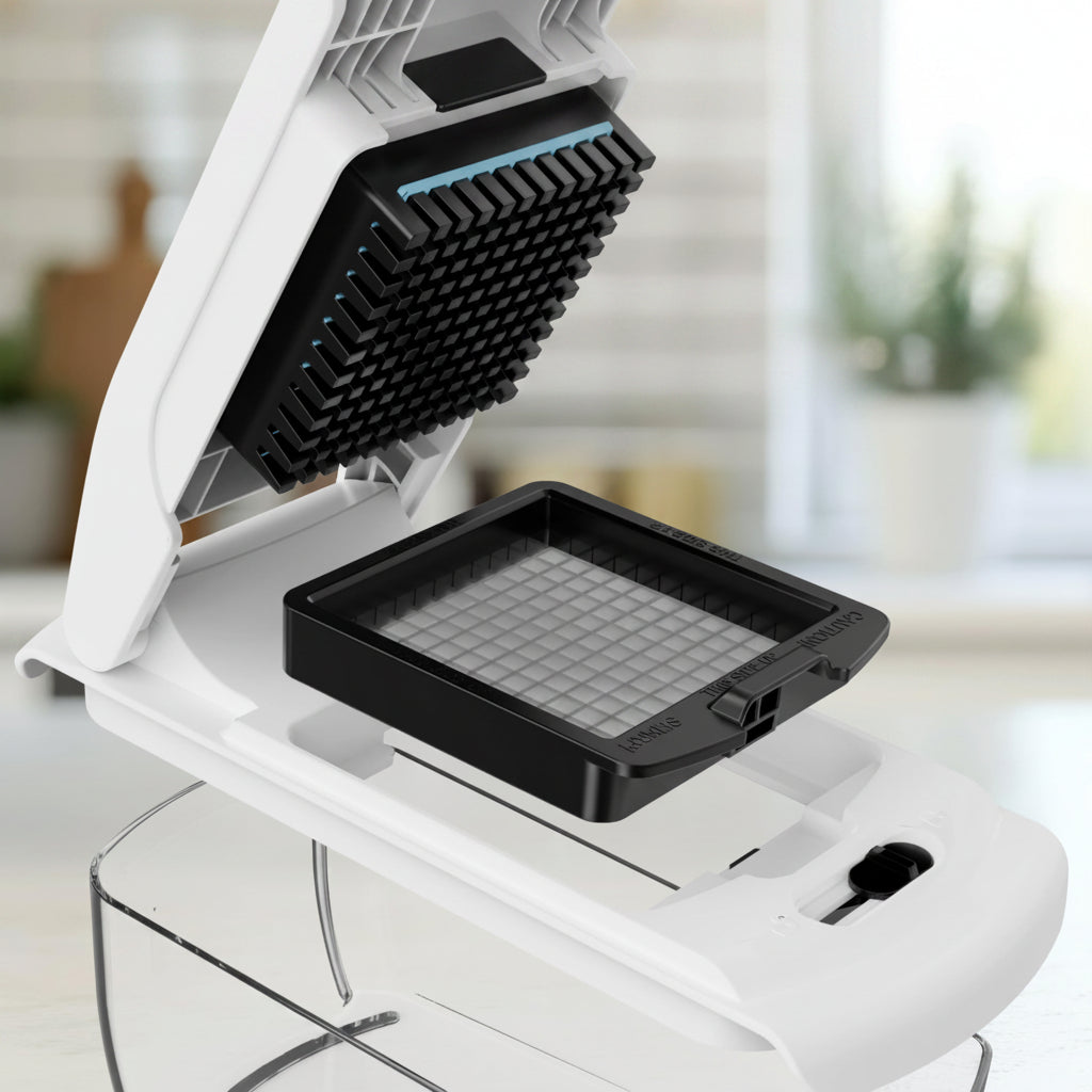 White and black food processor with text highlighting premium grade construction and food safety.