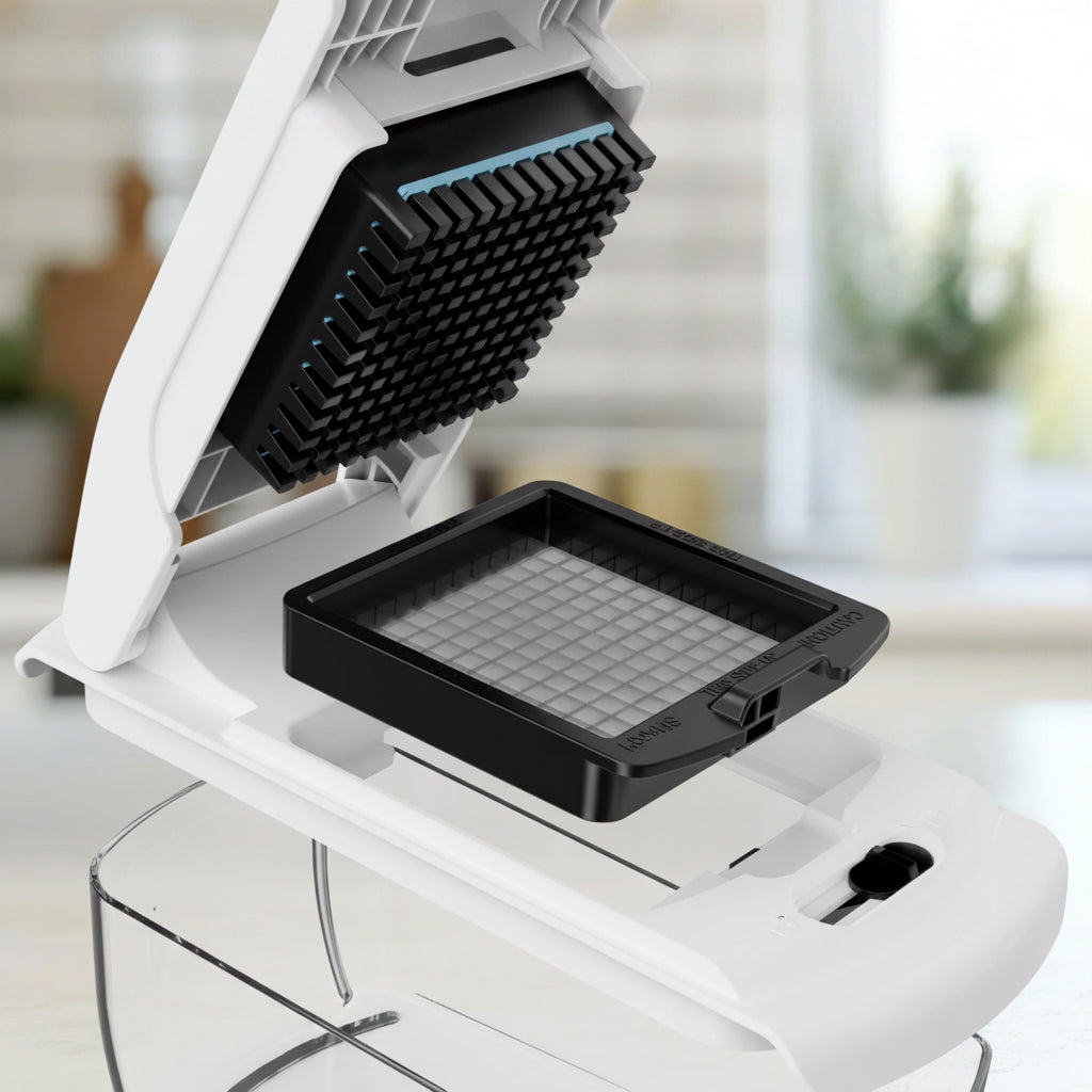 White and black food processor with text highlighting premium grade construction and food safety.