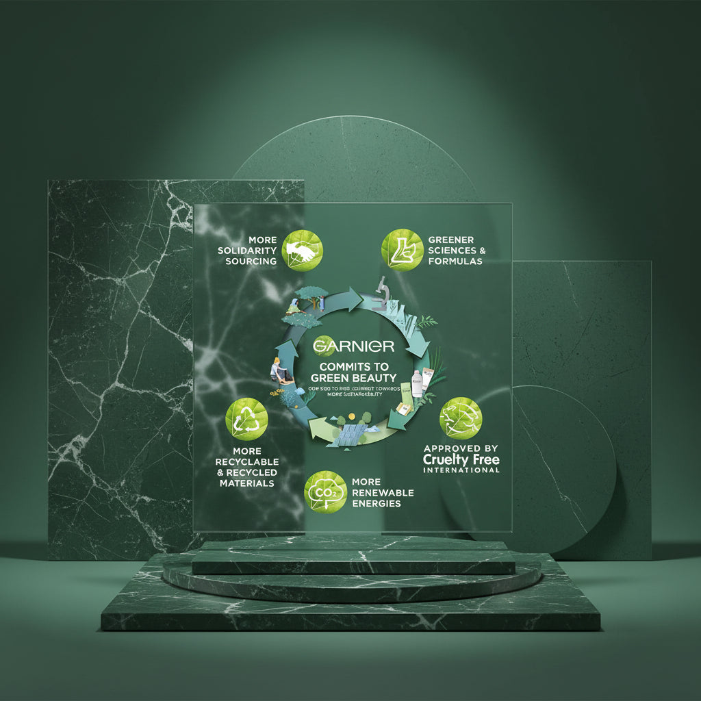 Garnier's commitment to green beauty on a green background with icons and text.