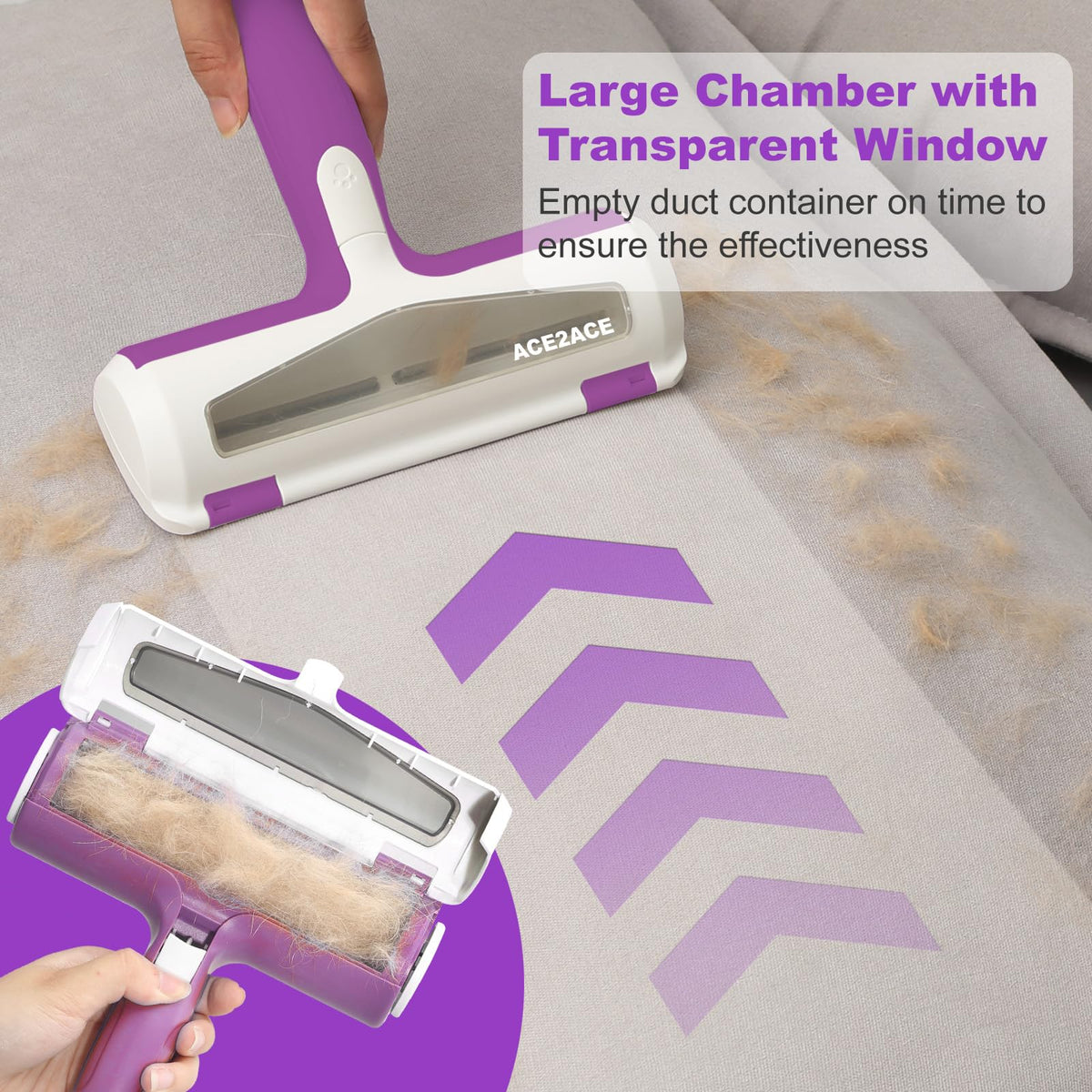Pet hair removal tool with purple handle and transparent chamber on a gray surface with pet hair.