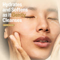 Close-up of a person's face with text about skincare product benefits